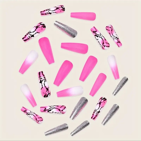 Press-On Nails, NIB, Pink, Black & White, Long Coffin, Party Ready Instantly - Picture 7 of 9